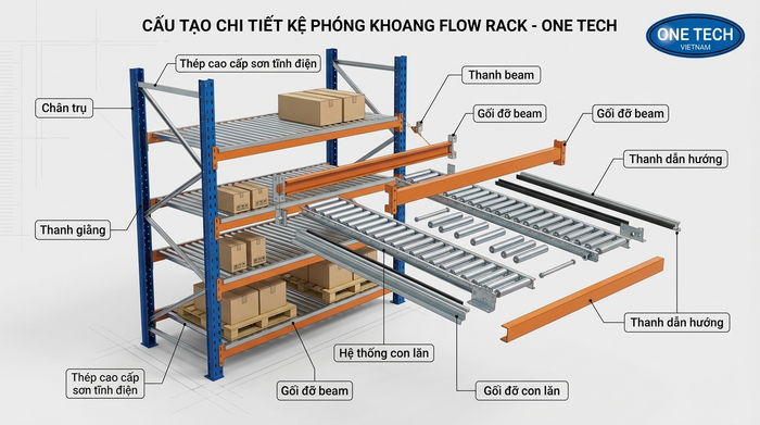 Cấu tạo kệ con lăn Flow Rack gồm chân trụ beam support con lăn và thanh dẫn hướng