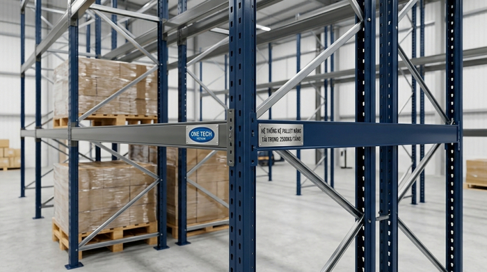 Cấu tạo kệ pallet chịu tải cao Cấu tạo kệ pallet chịu tải cao gồm chân trụ thanh beam và giằng