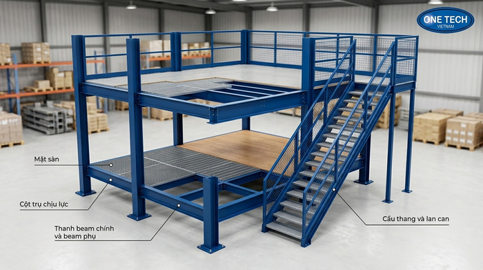 Cấu tạo kệ sàn mezzanine gồm cột beam sàn lan can cầu thang