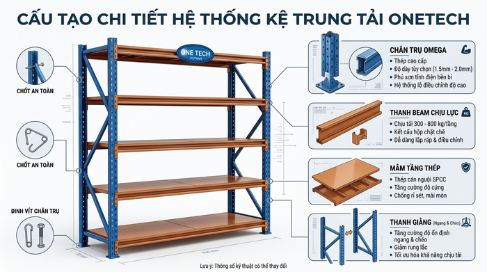 Cấu tạo kệ trung tải gồm chân trụ thanh beam mâm tầng và giằng