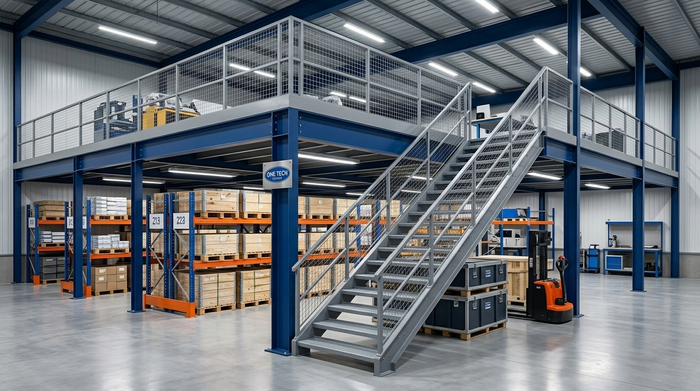 Kệ sàn mezzanine thực tế có cầu thang và lan can