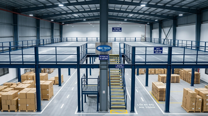Kệ sàn mezzanine bố trí lối đi rộng trong kho
