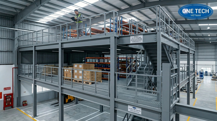 Kệ sàn mezzanine có lan can bảo vệ xung quanh