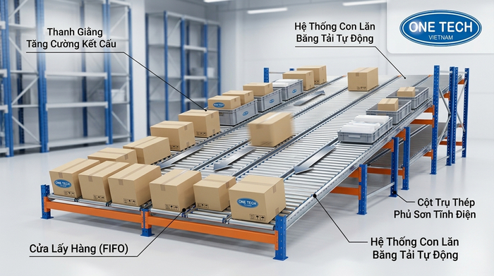 Nguyên lý hoạt động của kệ Flow racks Hưng Yên bằng hệ thống con lăn nghiêng