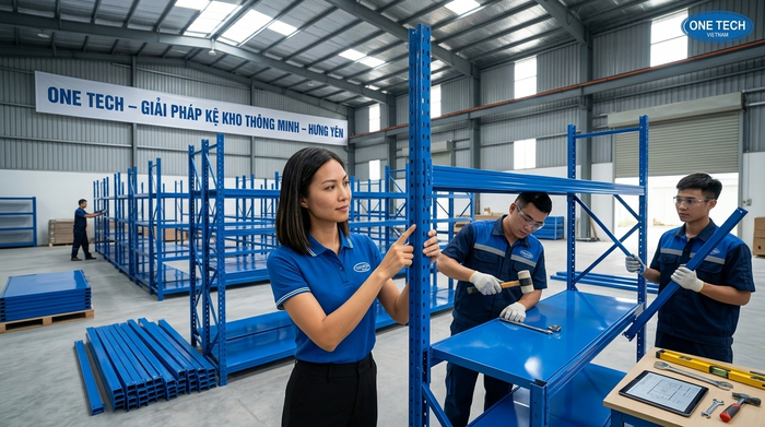 Đội kỹ thuật lắp đặt kệ trung tải tại kho Hưng Yên