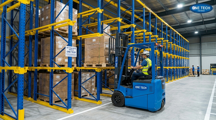 Xe nâng vào lòng kệ drive in Xe nâng đi vào lòng kệ drive in để xếp pallet