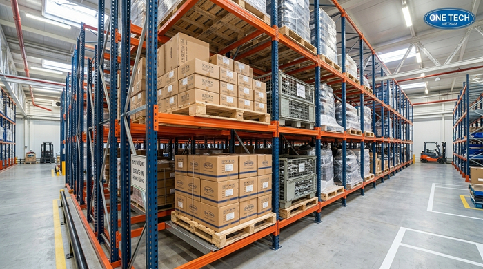 Pallet lưu trữ trên kệ drive in Hưng Yên Pallet đặt trên kệ drive in tại kho Hưng Yên