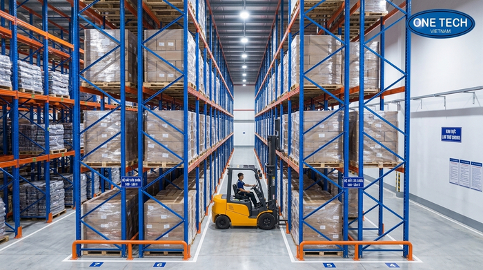 Xe nâng vận hành trong hệ thống kệ drive-in Xe nâng đi vào hệ thống kệ drive-in để lấy pallet
