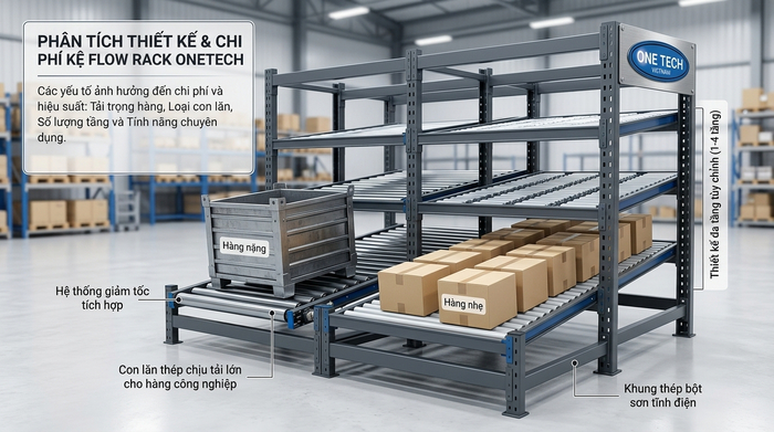 Các yếu tố ảnh hưởng đến giá kệ Flow Rack tại Hưng Yên gồm tải trọng con lăn số tầng và vận chuyển