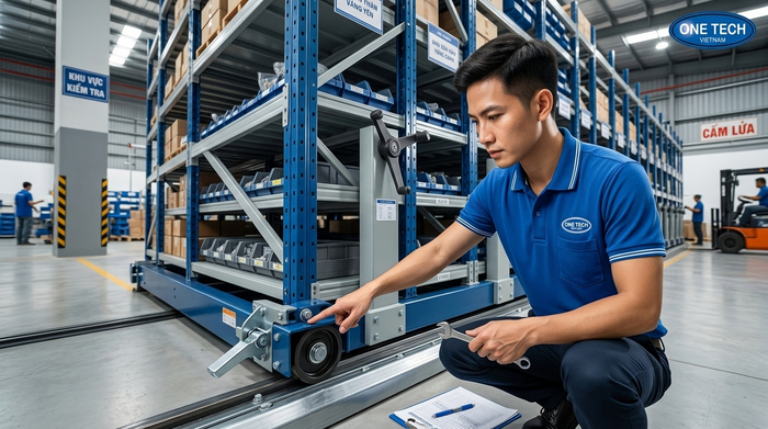 Bảo trì Kệ kho di động Hưng Yên kiểm tra ray bánh xe và khóa an toàn
