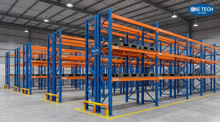 Cấu tạo kệ Double Deep Hưng Yên gồm chân trụ thanh beam giằng và bảo vệ chân cột