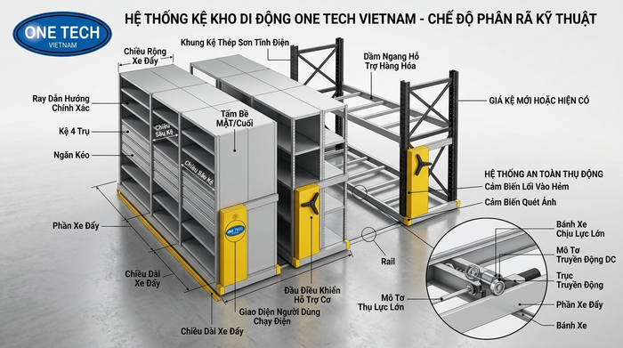 Cấu tạo kệ kho di động beam-ray gồm khung beam ray và bánh xe
