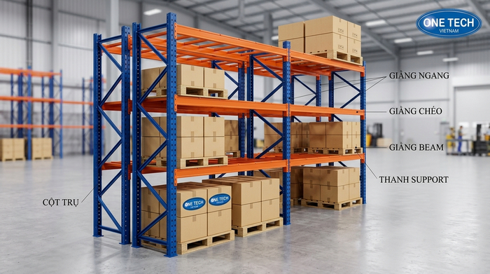 Cấu tạo kệ Selective Hưng Yên Cấu tạo kệ Selective gồm chân trụ thanh beam giằng và support pallet