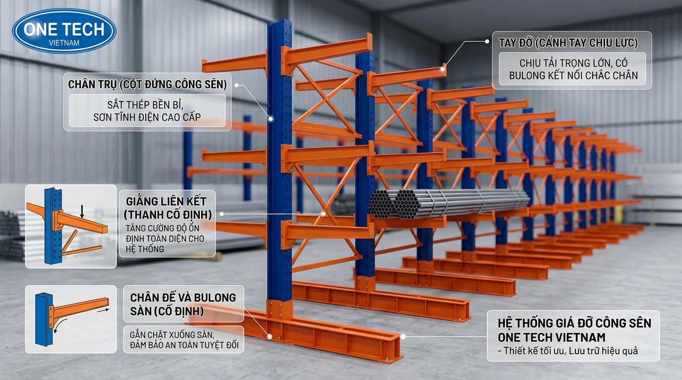 Cấu tạo kệ tay đỡ công nghiệp gồm chân trụ tay đỡ giằng liên kết