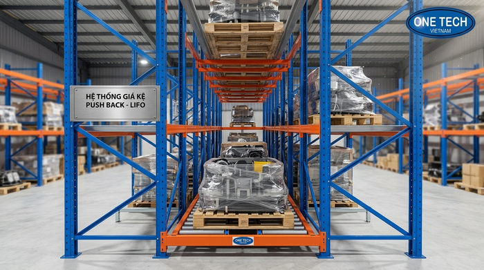 Kệ Push Back sử dụng cơ chế con lăn trượt tự động khi xếp hàng