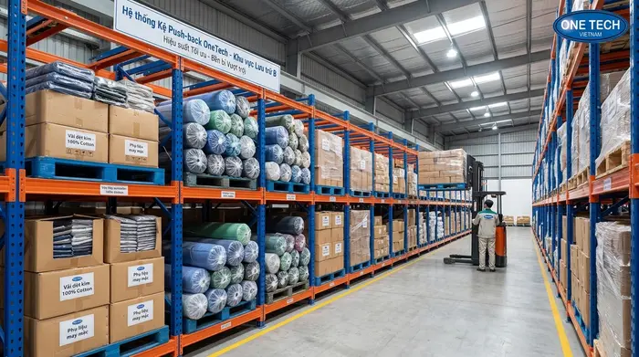 Kệ push back Hưng Yên cho kho bao bì và dệt may lưu trữ pallet