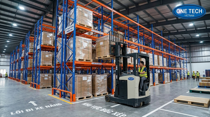 Xuất nhập pallet nhanh với kệ Selective Hưng Yên Xe nâng xuất nhập pallet trên kệ Selective tại Hưng Yên