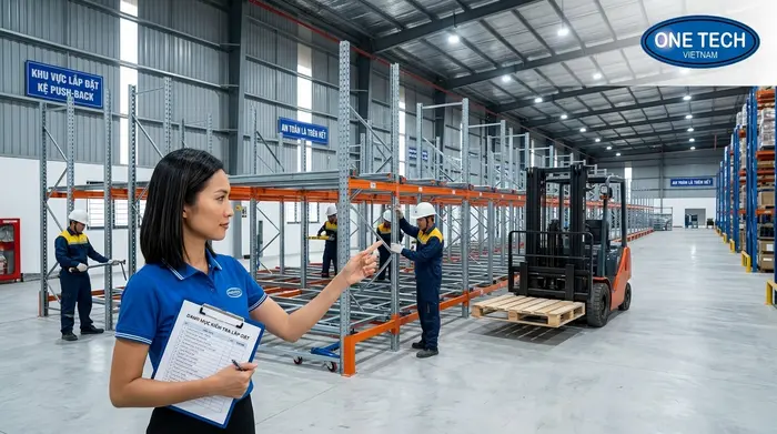 Lắp đặt kệ push back Hưng Yên trong kho công nghiệp có xe nâng pallet
