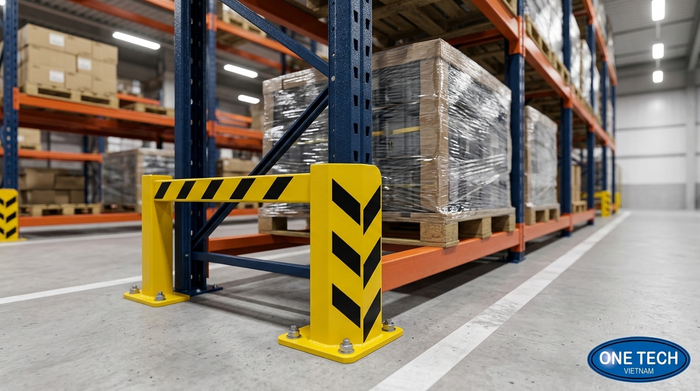Phụ kiện an toàn cho kệ Double Deep gồm bảo vệ chân cột và thanh support