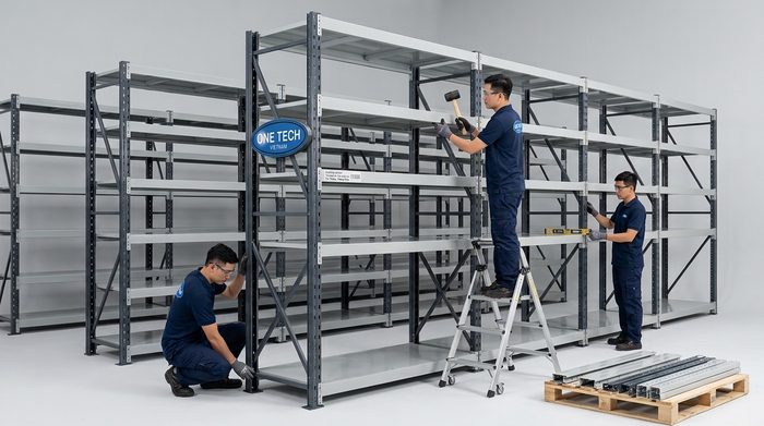 Đội ngũ kỹ thuật OneTech lắp đặt kệ sắt công nghiệp chuyên nghiệp