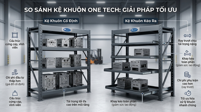 Kệ khuôn cố định và mâm kéo khác nhau về chi phí và công năng So sánh chi phí kệ khuôn cố định và kệ khuôn mâm kéo