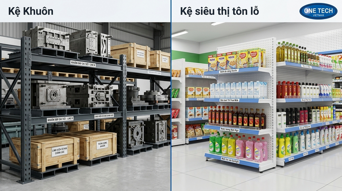 Kệ khuôn khác kệ siêu thị tôn lỗ về tải trọng và mục đích sử dụng So sánh kệ khuôn và kệ siêu thị tôn lỗ