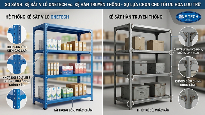 So sánh tính linh hoạt của các loại kệ kho So sánh kệ sắt v lỗ lắp ghép và kệ hàn liền khối