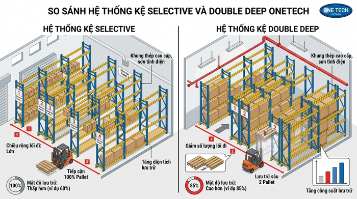 So sánh kệ Selective và kệ Double Deep về số lượng lối đi và sức chứa