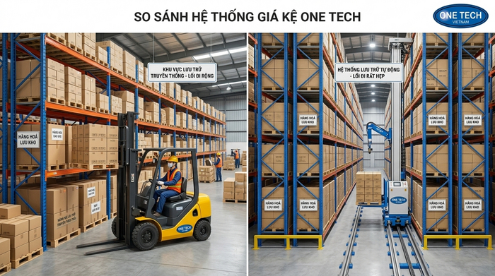 So sánh kho truyền thống và kho Stacker-Crane So sánh kho dùng xe nâng và kho dùng Stacker-Crane Hưng Yên