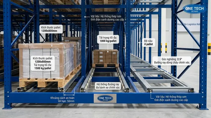 Thiết kế kệ push back Hưng Yên theo kích thước pallet và tải trọng hàng hóa