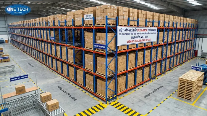 Ứng dụng kệ push back Hưng Yên trong kho sản xuất và kho thành phẩm