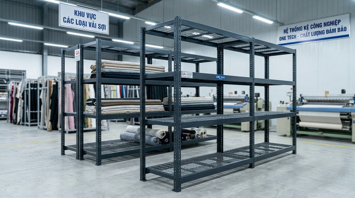 Kho dệt may sử dụng kệ sắt v lỗ Ứng dụng kệ sắt v lỗ trong kho dệt may tại KCN Phố Nối