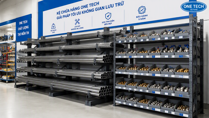 Kệ để ống nước và phụ kiện trong cửa hàng vật tư