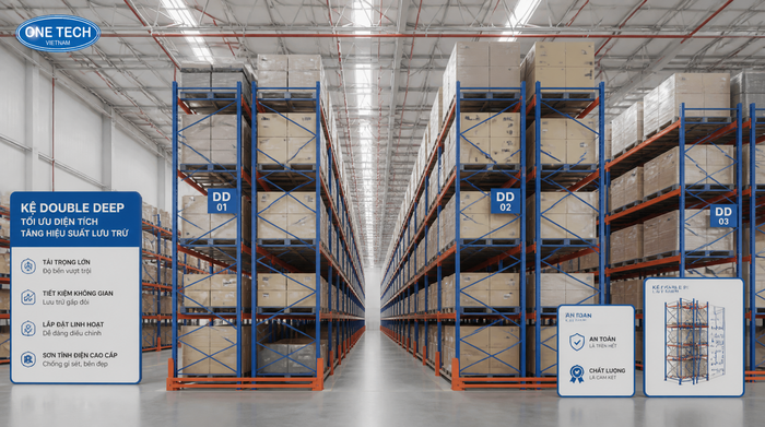 Kệ Double Deep cho kho mật độ cao tại Hưng Yên Kệ Double Deep tăng mật độ lưu trữ pallet trong kho