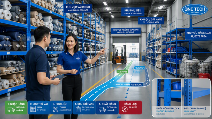 Sơ đồ phân khu kệ kho vải tại Hưng Yên theo luồng nhập xuất