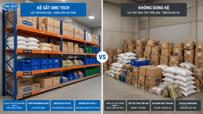 So sánh kệ xếp chồng và cách xếp hàng trực tiếp trên nền kho