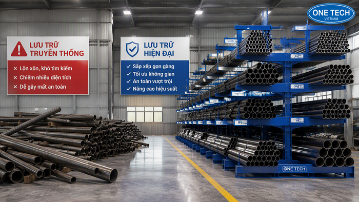 So sánh xếp ống thép dưới nền và lưu trữ trên kệ
