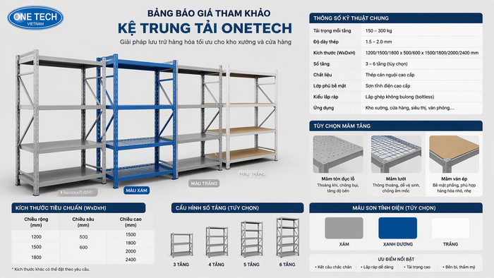 Báo giá kệ trung tải giá rẻ Hưng Yên theo kích thước và tải trọng